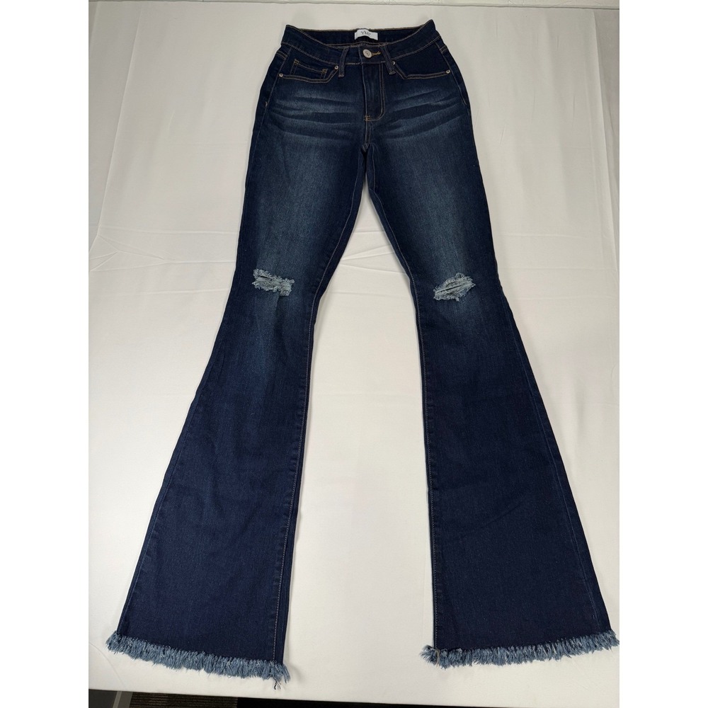 YMI Jeans USA Women Dark Wash Flare Distressed Frayed Hem Denim Pants Size 11